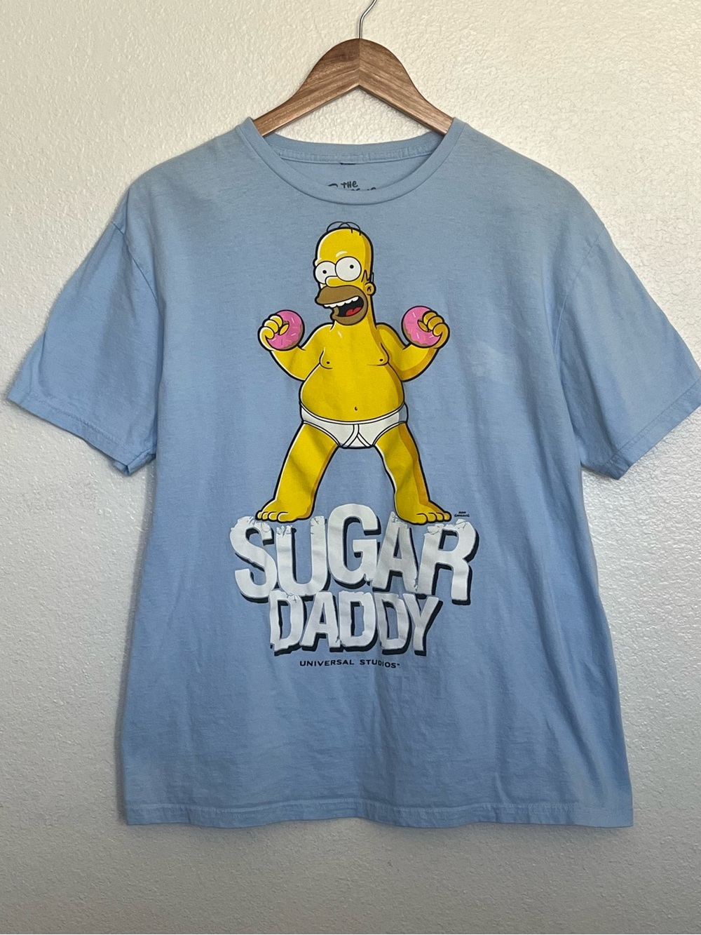 Universal Light Blue Men’s Tee with Yellow Homer Simpson 'Sugar Daddy' Graphic L